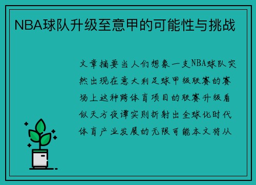NBA球队升级至意甲的可能性与挑战